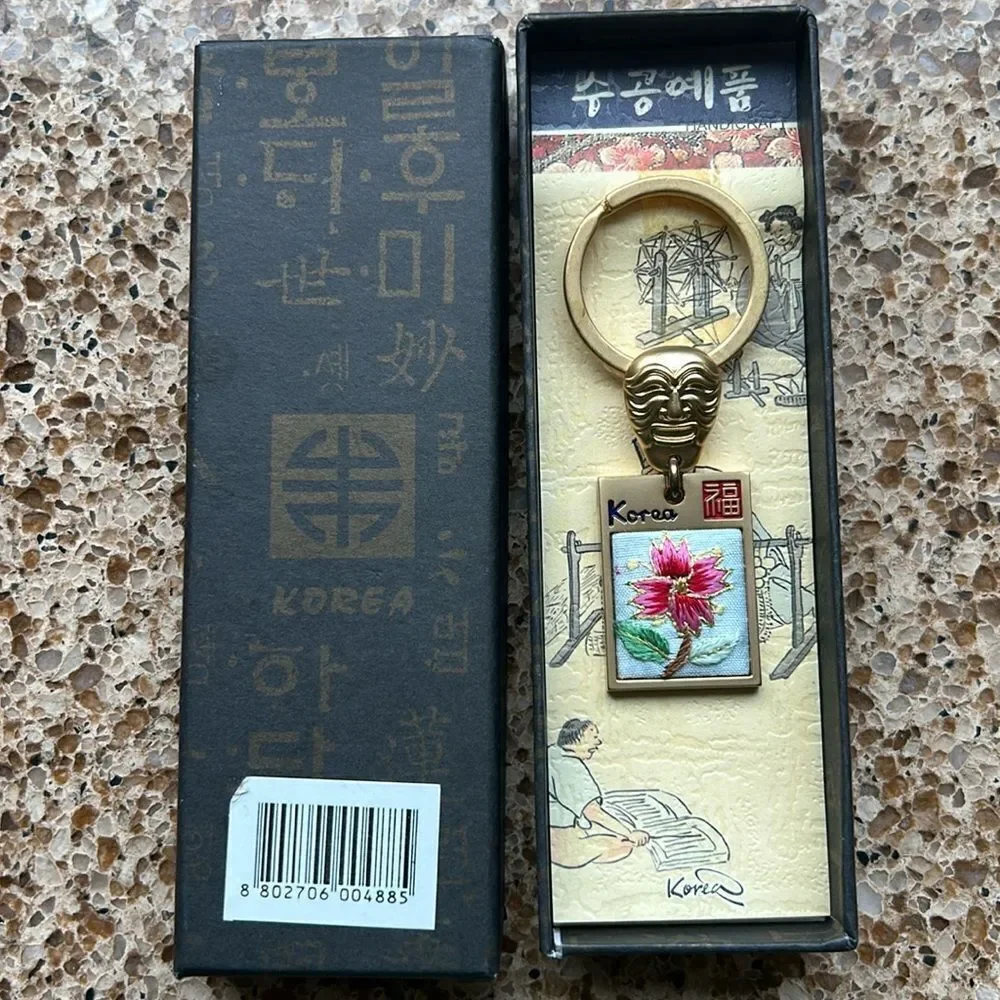 Gold Tone Korean Mask Keychain with Flower 🌺 Tag In Box 🗃️ engraved Korea back